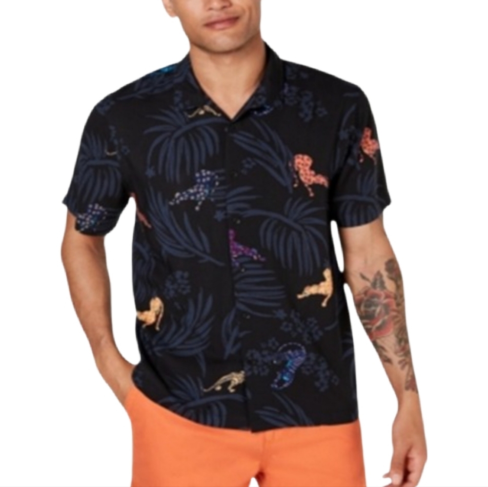 American Rag Men'sβ Black Blue Tropical Tigers Casual Button Down Shirt XL